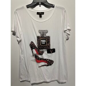 80 Park Womens XL White Graphic Tee Paris Perfume Leopard Heels Rhinestone Bling